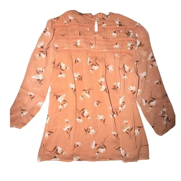 Daniel Rainn Peach Floral Print Sheer Blouse Top Lace Detail Sheer Lined Size M - Picture 3 of 7